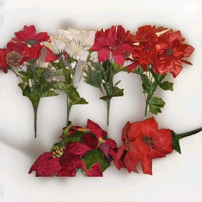 Juego de 5 ramos de plantas POINSETTIA artificiales vintage de Navidad y anillo de velas Foto 1 de 4