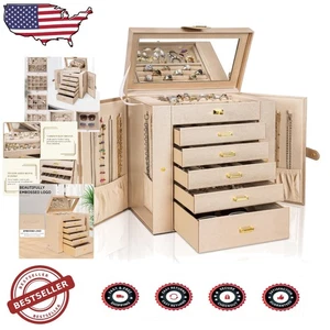 Champagne Faux Leather Jewelry Case, 6 Layers, 28 Compartments, Built-in Mirror - Picture 1 of 10