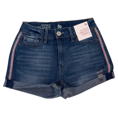 Pantalones cortos de mezclilla de tiro alto SO Favorite talla 1 azul con puños a rayas rojas nuevos con etiquetas Foto 1 de 4