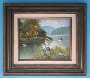Vintage Original Oil Painting LITTLE BOY FISHING Pond Birds Cabin C. Manuel - Picture 1 of 10