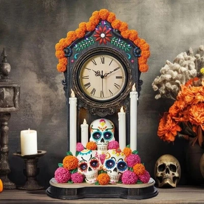Day of The Dead Clock w/LED Candle Lights & Skulls, dia de los muertos Halloween - Image 1 of 4