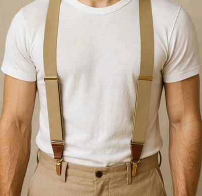 Vintage Style Tan Adjustable Suspenders Gold Clips Brown Trim Workwear Unisex - Image 1 of 4