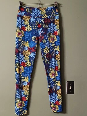 Lularoe Leggings Os Estampado Azul/Amarillo/Rojo Flores Hojas Foto 1 de 4