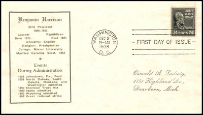  Scott 828 - 24 Cents Harrison  - Arnowitz FDC - Typed Address - Planty 828-22 - Image 1 of 2