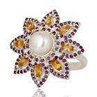 Pearl Amethyst and Citrine Sterling Silver Flower Design Cocktail Ring Jewelry