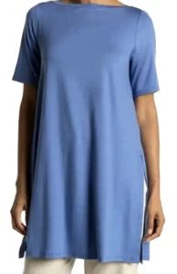 NWT $138 Eileen Fisher Boat Neck Short Sleeve Top Tunic sz S Coast (Blue) - Picture 1 of 5