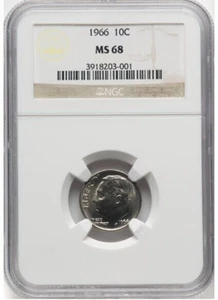 1966 Roosevelt Dime 10C MS68 NGC Top Pop Business Strike nessuno più alto - Foto 1 di 2
