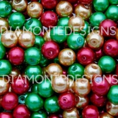 100 Pcs 8mm Round Glass Pearl Beads Xmas Mix Jewellery Christmas Craft UK C360 - Image 1 of 2