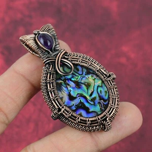 Oval Natur Abalone Muschel Afrikanischer Amethyst Draht Umwickelt Anhänger Schmuck Kupfer - Bild 1 von 6
