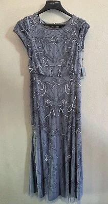 Adrianna Papell Women's Blue Short Sleeve Beaded Sequin Gown Dress Size 8 $250 - Image 1 of 4