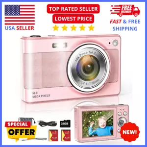 Kids Digital Camera 56MP 1080P HD + 16x Zoom, Anti-Shake, 32GB Card, 2 Batteries - Picture 1 of 14