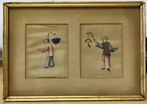 Antiguo par de pinturas chinas de médula de papel de arroz de acuarela par de pescadores enmarcados - Imagen 1 de 7