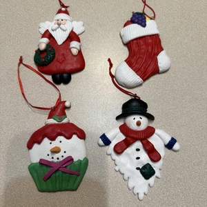 Set Of 4 Christmas Ornaments Snowman Santa Claus Wreath Stocking Holiday Tree  - Picture 1 of 12