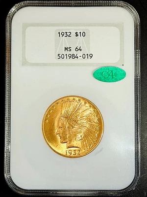 NGC CAC MS64 1932 Indian $10 Gold Eagle 0.4838 Oz Gold US Coin Fatty 501984-019 - Image 1 of 4