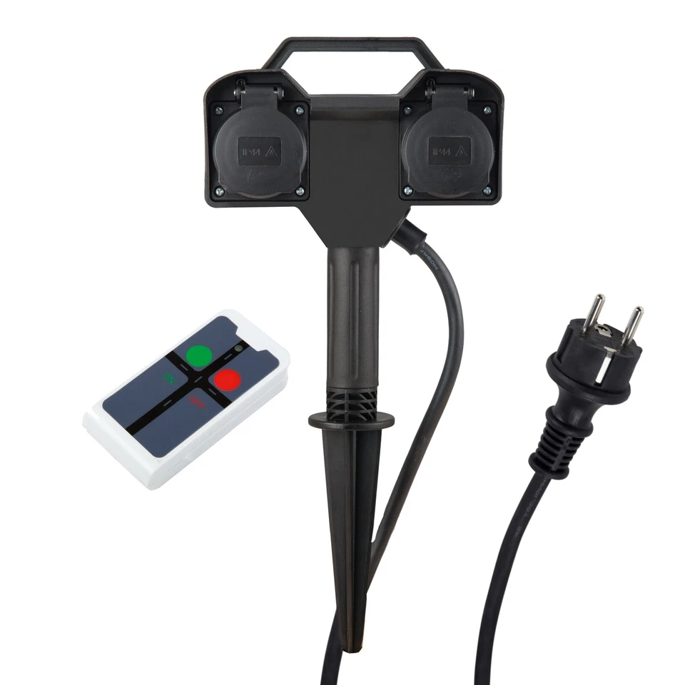 2-fach Funk-Garten-Steckdose mit Fernbedienung 1,5m Kabel IP44 Erdspieß Außen - Bild 1 von 4