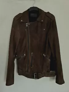 Allsaints Suede Leather Jacket Mens Chocolate Brown Softshell Biker Bomber Small - Picture 1 of 12