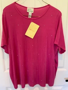 QUACKER FACTORY Womens Plus Size 2X Pink Short Sleeve Round Neck Studded Top NWT - Picture 1 of 4