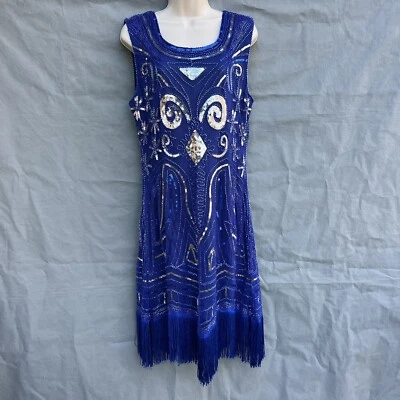 Disfraz Azul Lentejuelas Cuentas Halloween Aleta Vestido Flecos Sin Mangas Foto 1 de 4