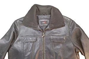 STUDIO Y Womens LARGE 100% Leather Bomber Jacket Zip Up Knit Ribbed Collar Cuffs - Picture 1 of 12