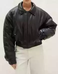 90er Damen Bomberjacke Handarbeit Oversized Echtleder schwarz - Bild 1 von 7