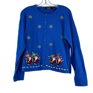 Crystal Kobe Womens Ugly Christmas Sweater Cardigan Size L Blue Embroidered - Picture 1 of 5