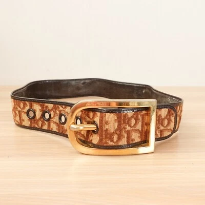 DIOR Belt XS 26 Leather Logo Canvas Brown Gold Buckle Chunky Monogram Diorissimo - Image 1 of 4