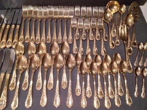63 Pcs. Escutcheon Service for 10 Gold Electroplated Stainless Flatware Japan - Picture 1 of 12