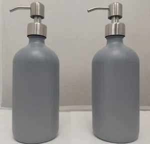 16 Oz Glass Bottle Gray Coated Soap Dispenser Stainless Steel Top Pumps 2 Pcs - Picture 1 of 3