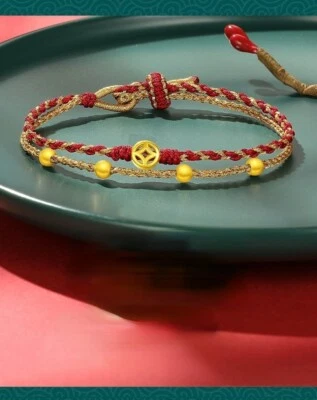 Pure 24K Yellow Gold 999 Double Layer Rope Chain Beads Coin Bracelet Bangle - Image 1 of 4