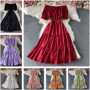 Women Dress Off-shoulder Ruffle Short Puff Sleeve Midi A-line Casual Retro - Picture 1 of 19