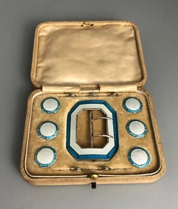 Boxed Edwardian Solid Silver & Enamelled Buckle & Button Set L&S Birmingham ABD - Picture 1 of 4