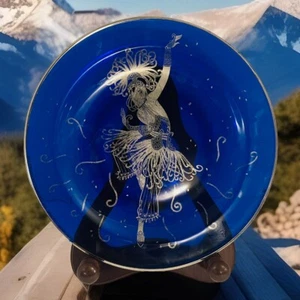 VINTAGE Art Deco Erte Blue SILVER “ Firebird” FIGURES PAINTING GLASS PLATE - Picture 1 of 6