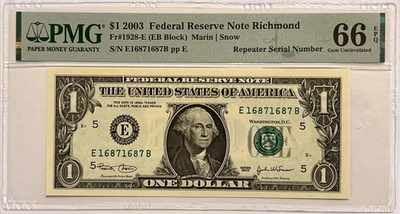 Repeater Serial Number 2003 $1 PMG 66 EPQ 16871687 Fancy Serial Numbers Gem UNC - Image 1 of 4