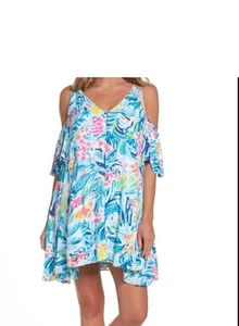Lilly Pulitzer Dress Large Bellamie Open Cold Shoulder Serene Blue Tippy Top - Picture 1 of 12