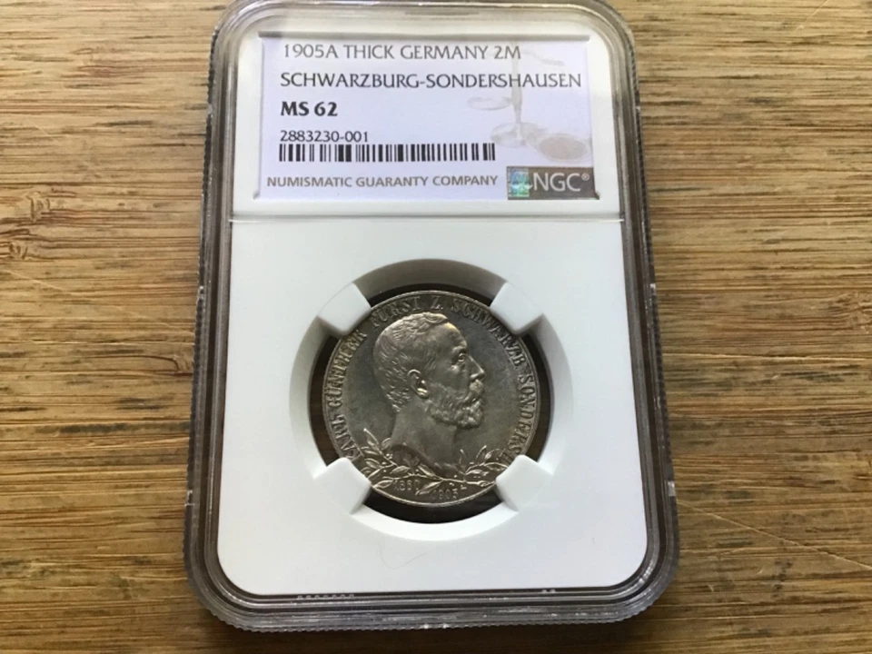 1905 Schwarzburg Sondershausen German States Silver 2 Mark NGC MS-62 Thick Rim - Image 1 of 4