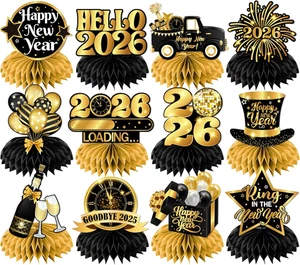 New Year Table Decorations 2026,12Pcs Happy New Year Honeycomb Centerpiece Black - Picture 1 of 12