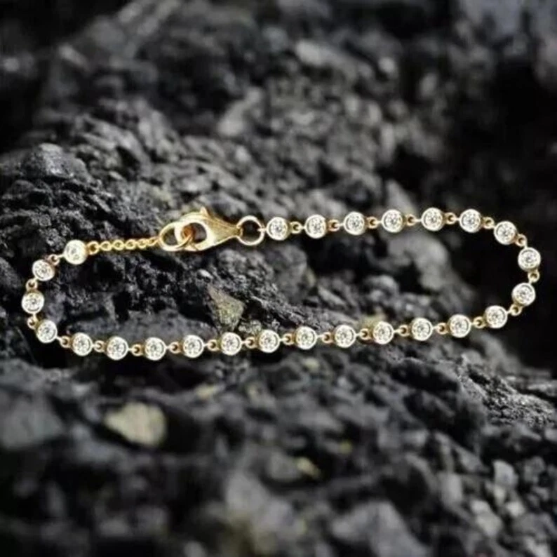 4Ct Round Lab Grown Diamond Bracelet Bezel Set 14K Yellow Gold Over F VS1 7.5" - Image 1 of 3