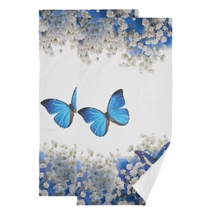 Blue Butterfly Hand Towels for Bathroom Set of 2 Soft Absorbent Spring White ... - Picture 1 of 7