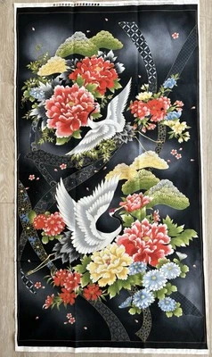 Red Rooster Akahana Oriental Japanese Crane & Metallic Floral  23" Fabric Panel - Image 1 of 3