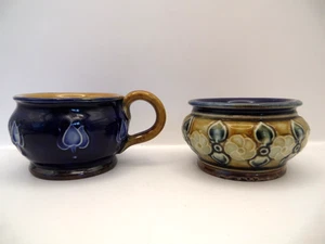 Antique Doulton Lambeth Salt Glaze Miniature Floral Pot Pair One Handled Signed - Picture 1 of 14