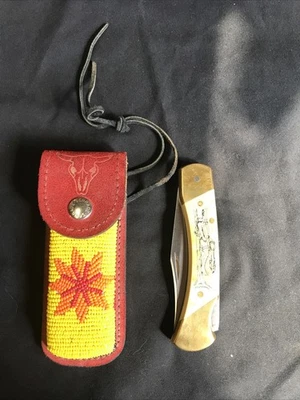 Cuchillo Schrade SUNDANCE 5" Scrimshaw calavera de vaca funda india bloqueo IOB EE. UU. Foto 1 de 4