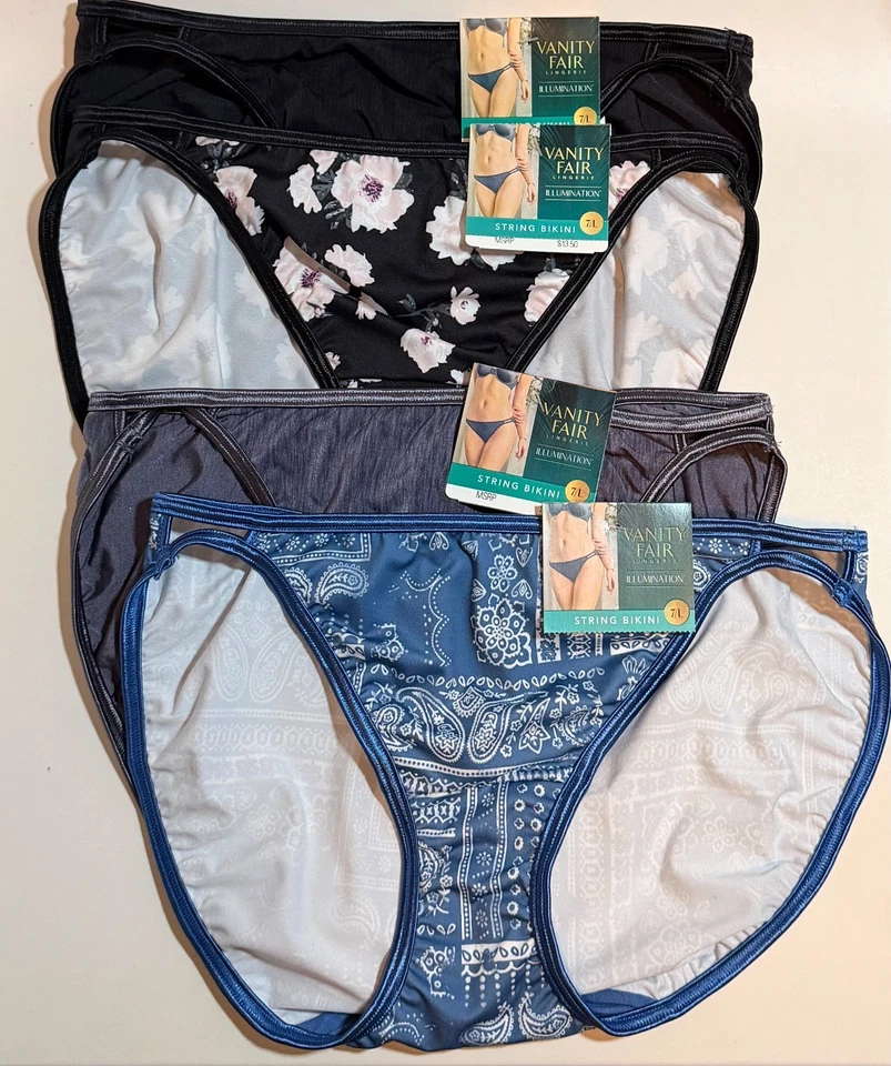 NWT 4 Vanity Fair Illumination String Bikini Panties 18108 Black/West/Floral 7/L - image 1 of 1