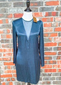 H&M Gold Label Kleid Größe 4 Seide Langarm türkis blau Mini transparent Cutout Neu mit Etikett  - Bild 1 von 8