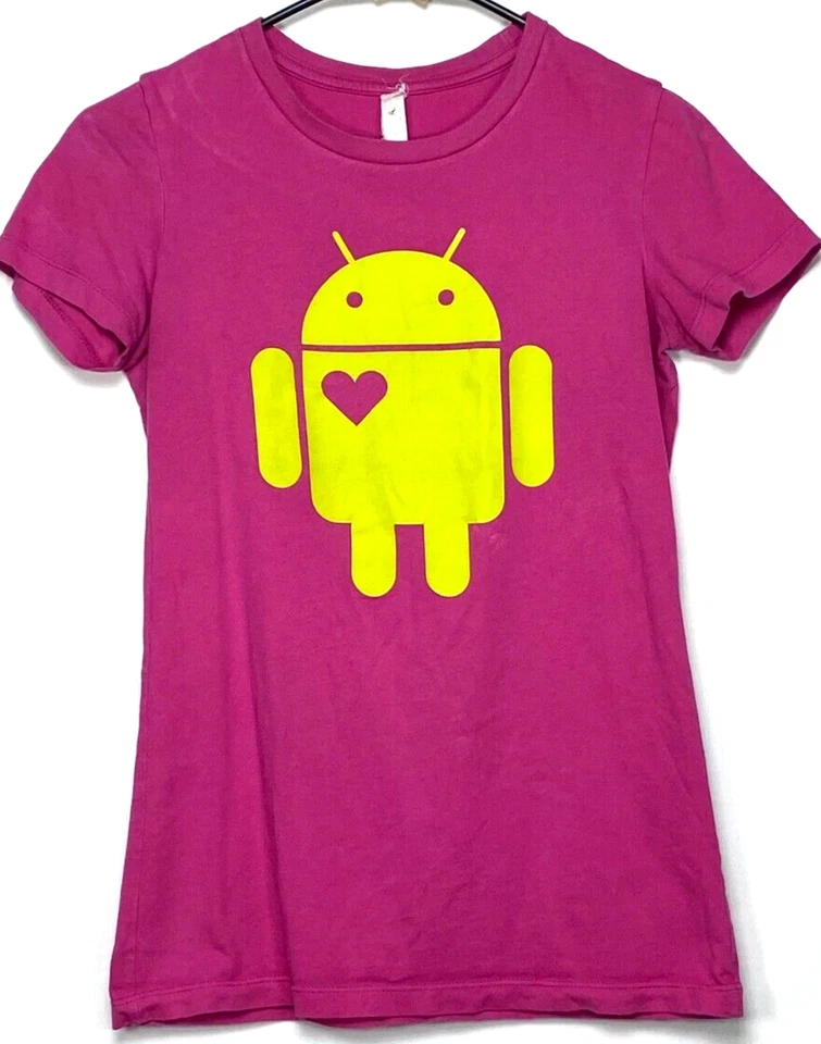 Android Tshirt Womens Small Magenta Pink Neon Yellow Robot Heart Vintage - Image 1 of 4