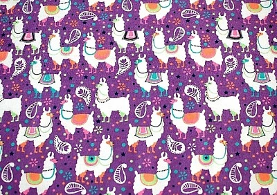 REMNANT*FESTIVE DECROATED LLAMAS ON VIOLET FLANNEL 100% COTTON MATERIAL 42x32 - Image 1 of 3