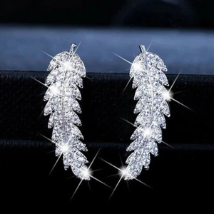 Gorgeous Cubic Zirconia Feather 925 Silver Drop Earrings Women Jewelry Gifts - Picture 1 of 5