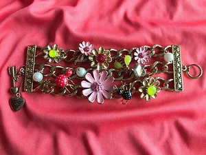 Betsey Johnson Vintage Garden Case Pink Flower Bee Polka Dot Red Spider Bracelet - Picture 1 of 7