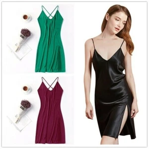 Lady Satin Slips Dress Sleeveless Faux Silk Petticoats Strap V Neck Slit Fashion - Picture 1 of 16