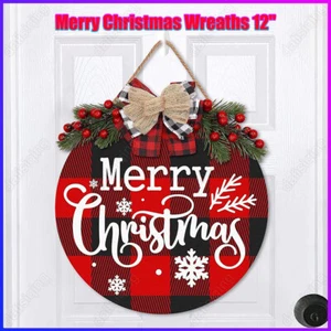 Merry Christmas Decoration Wreath Buffalo Plaid Hanging Sign Rustic Wooden Decor - Picture 1 of 14