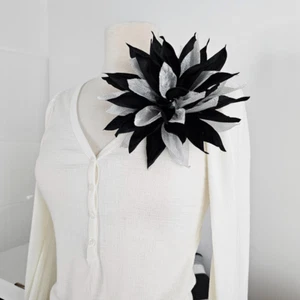 Oversized Silver and Black Flower Brooch - Blue Bridal corsage - Big Brooch - Picture 1 of 9